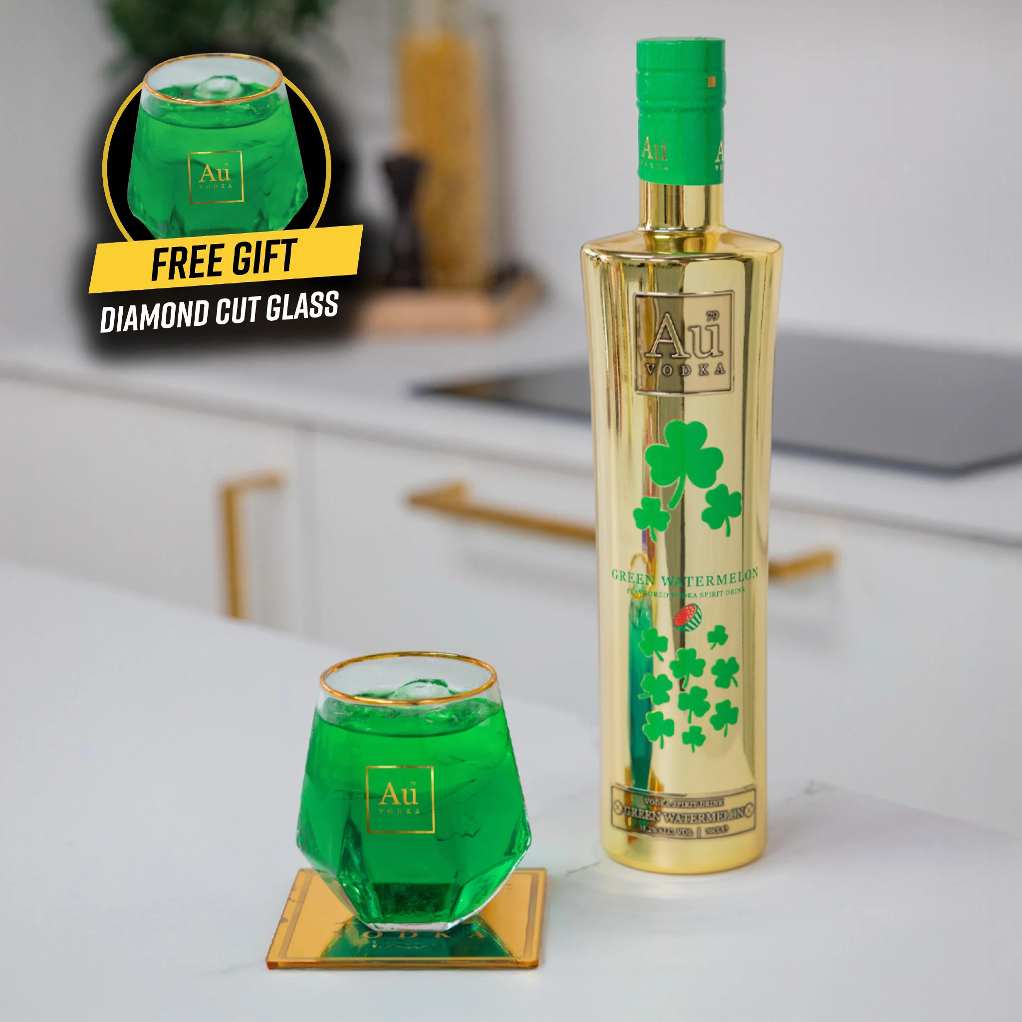 Au Vodka St. Patricks Green Watermelon & FREE Diamond Cut Glass