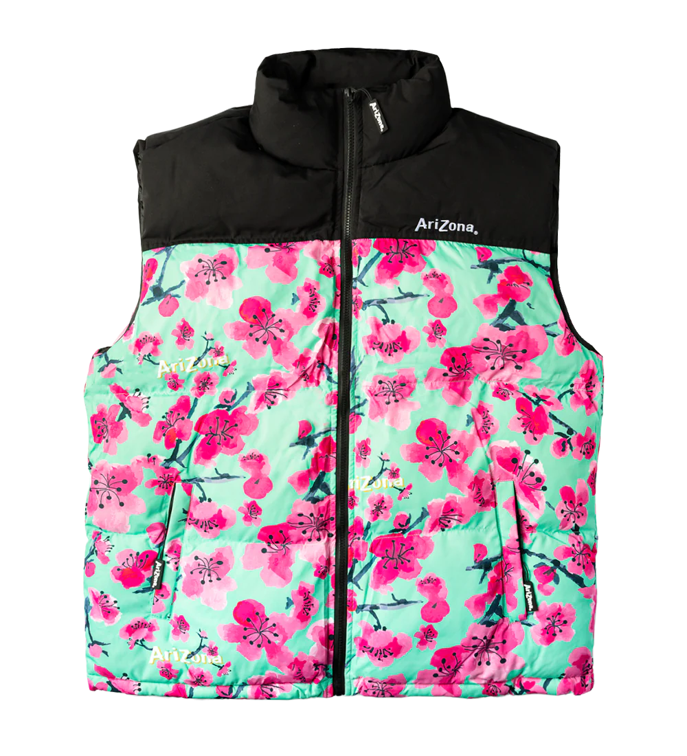 Black & Teal Cherry Blossom Puffer Vest
