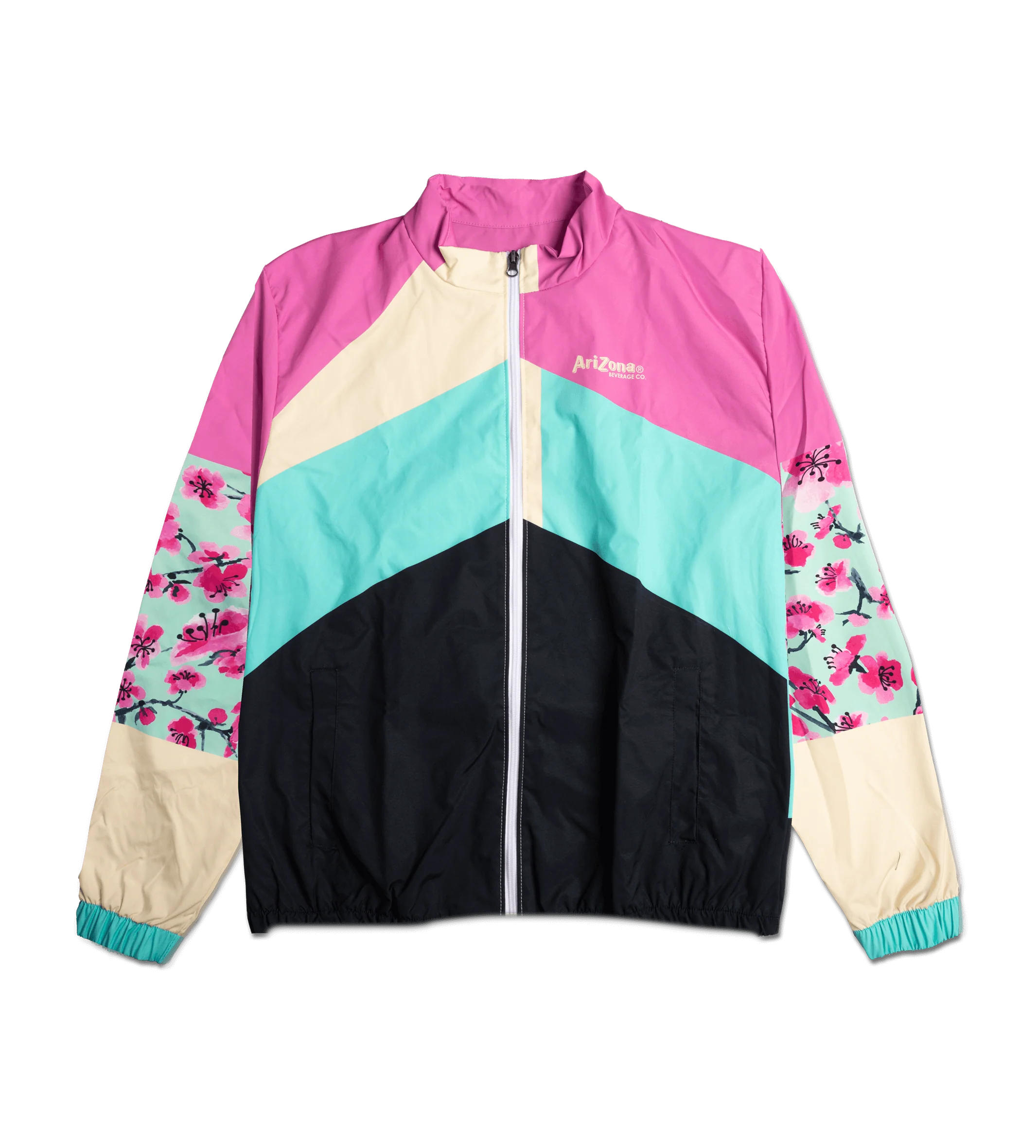 Pink & Black Cherry Blossom Color-Blocked Windbreaker Jacket image