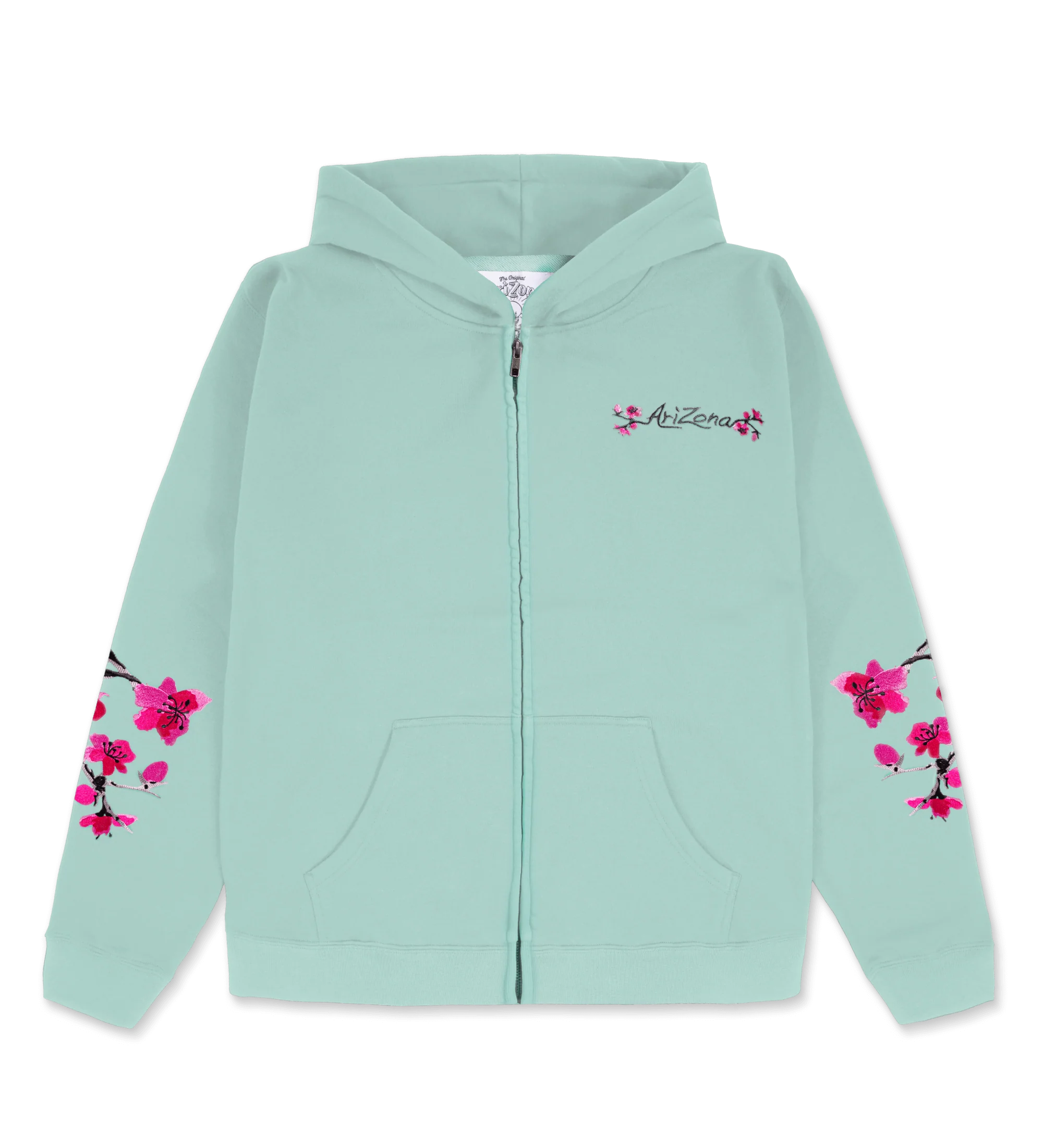 Teal Cherry Blossom-Embroidered Cotton Zip Hoodie image